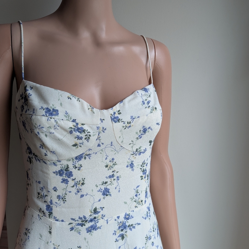 Reformation Saskia floral ivory dress Madeline print tie straps flare mini - Picture 4 of 12